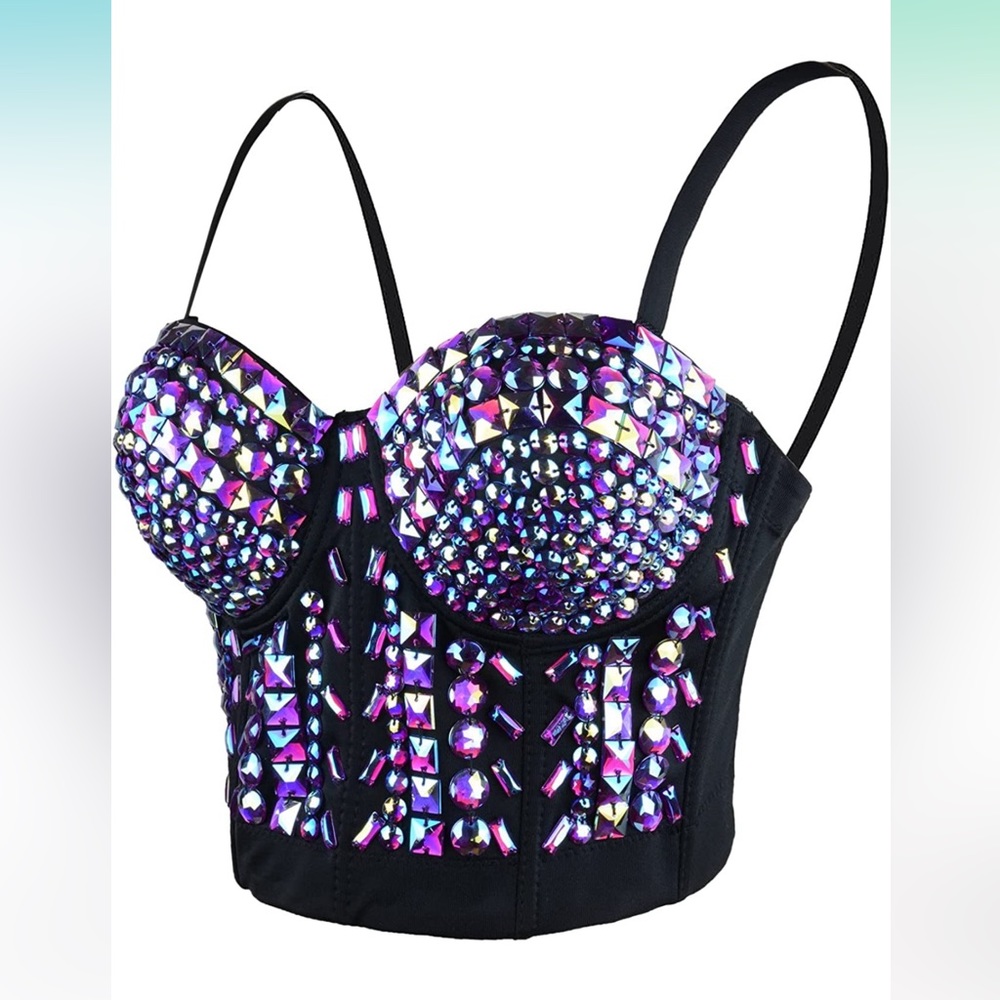 NEW rhinestone XS crop top SEXY purple corset Straps/Strapless